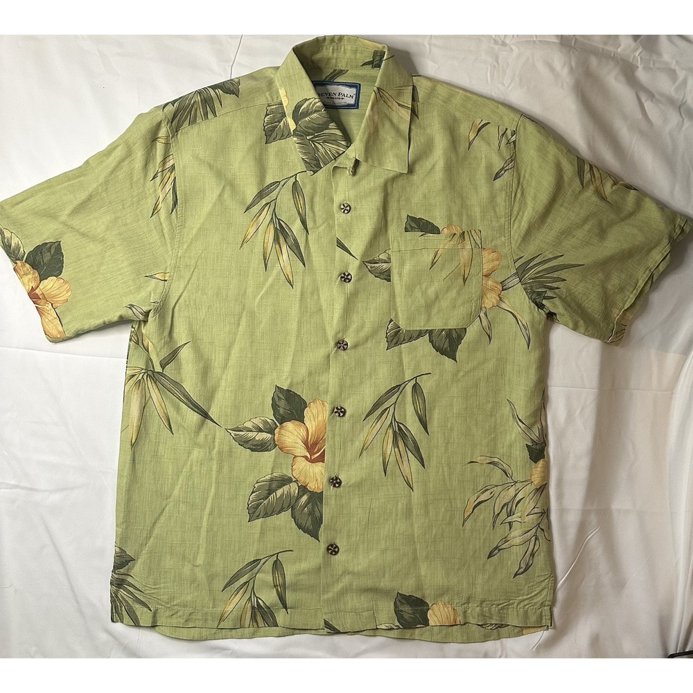 Seven Palm Brand Mens Sage Green 100% Silk Tropical Floral Bamboo Shirt Medium